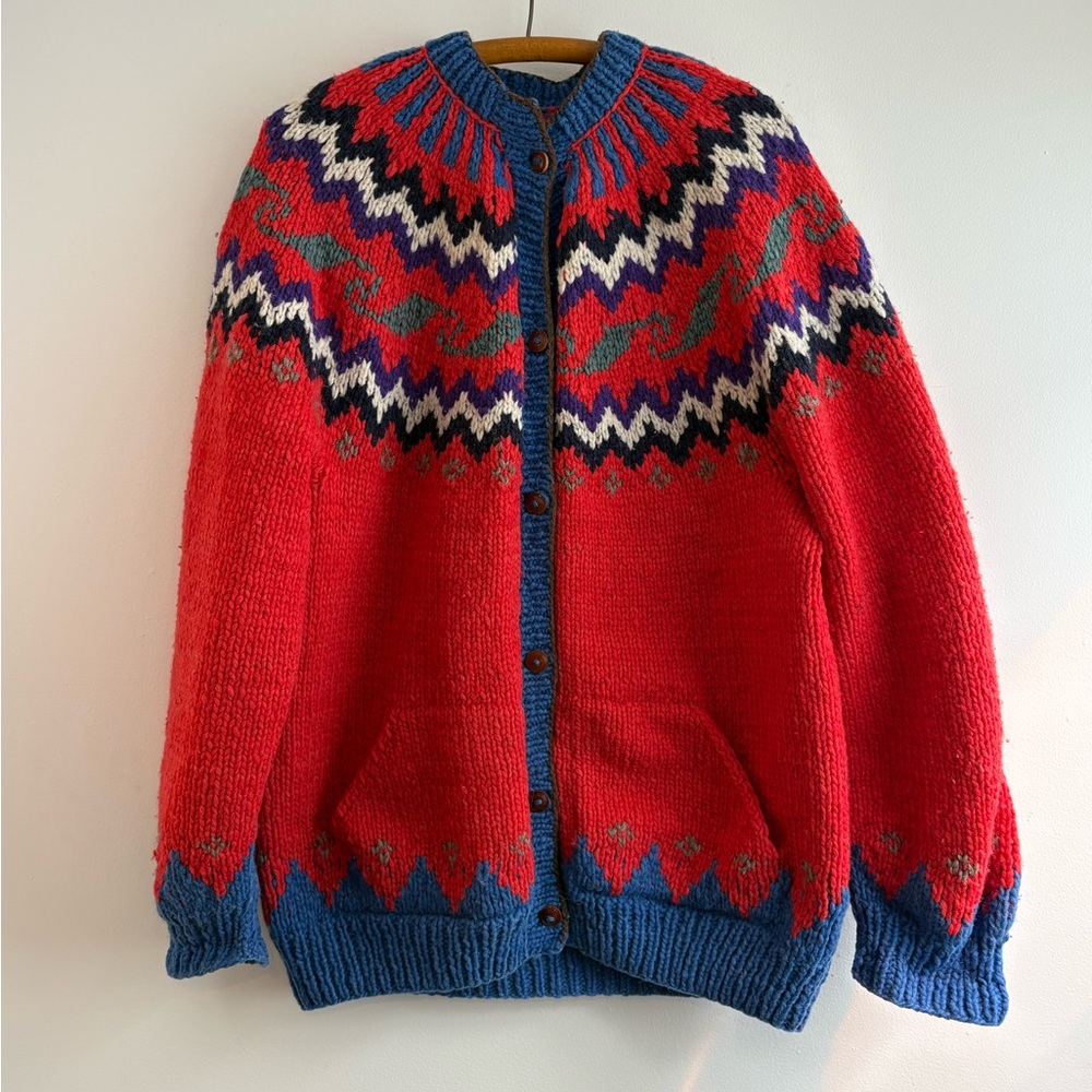 Vintage 80s-90s red chunky handknit Nordic or Peruvian cardigan with pockets